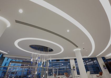 Modern ceiling design made from GRG with light troughs and plain columns